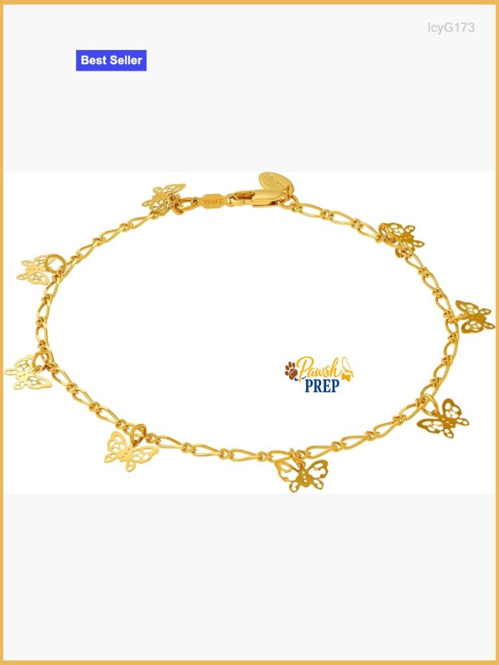 24K Gold Plated Butterfly Ankle Bracelet, 9 Inch Chain, Lobster Claw Clasp